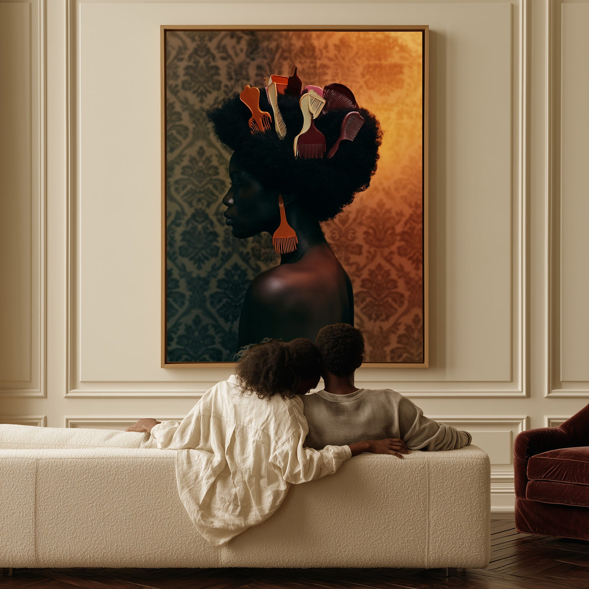 Tended Roots canvas above a sofa, a couple sitting together