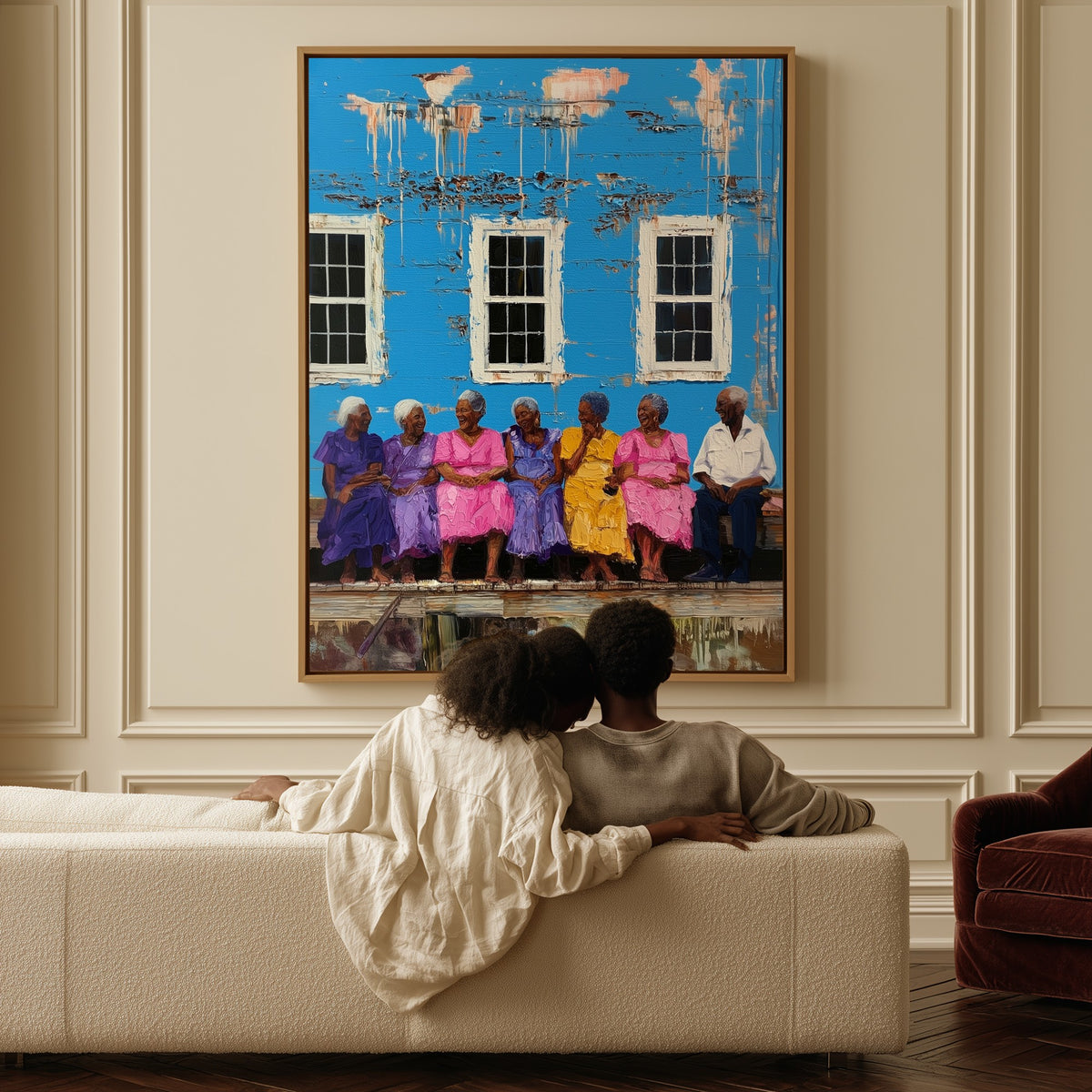 The Elders' Bench canvas above a sofa, a couple sitting together