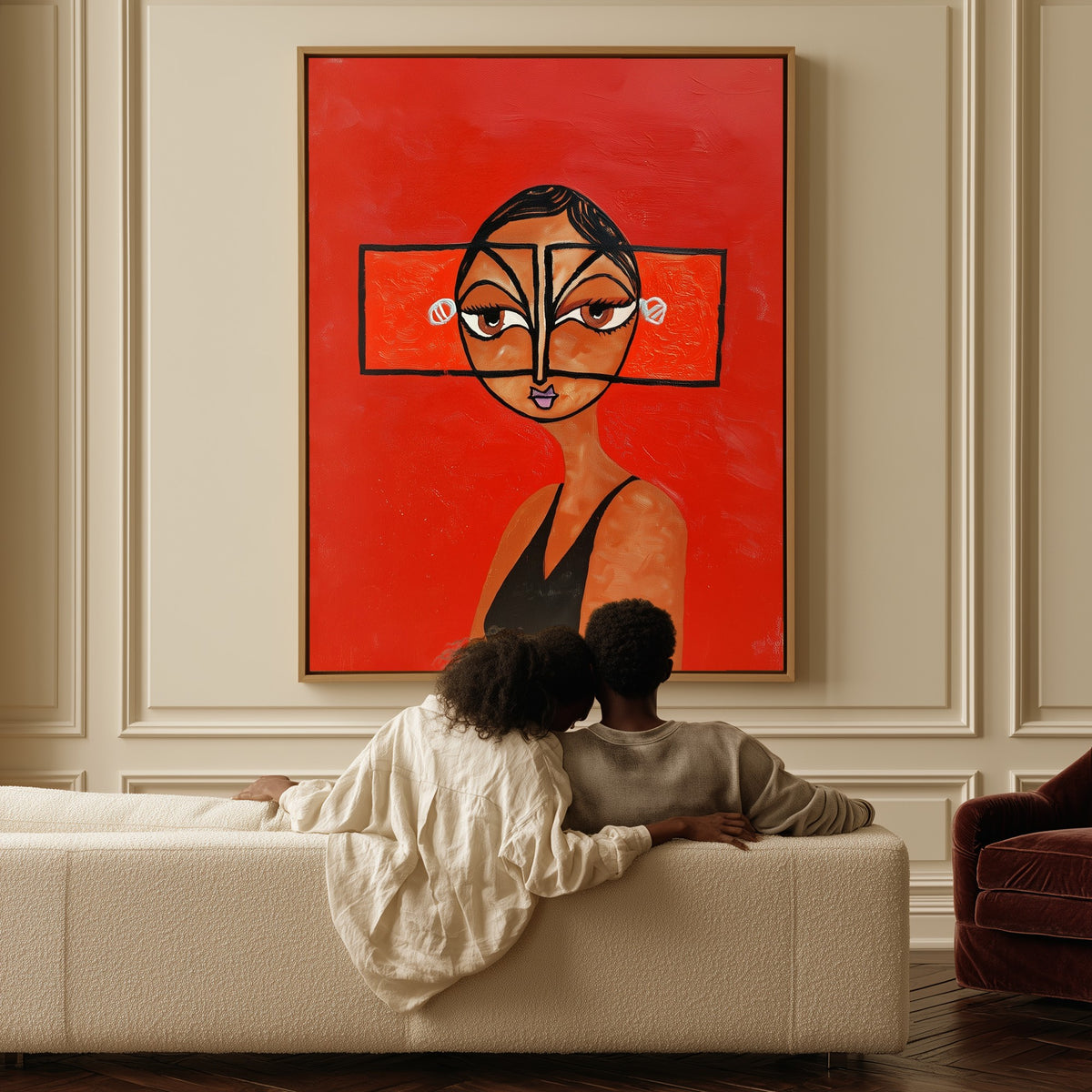 Scarlet Focus canvas above a sofa, a couple sitting together