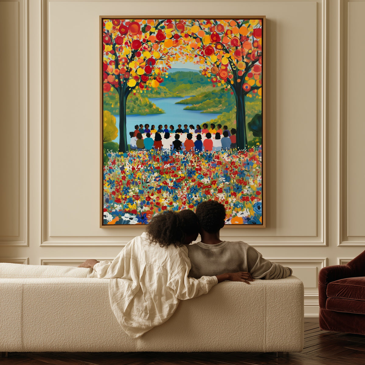 Gathering at the River canvas above a sofa, a couple sitting together