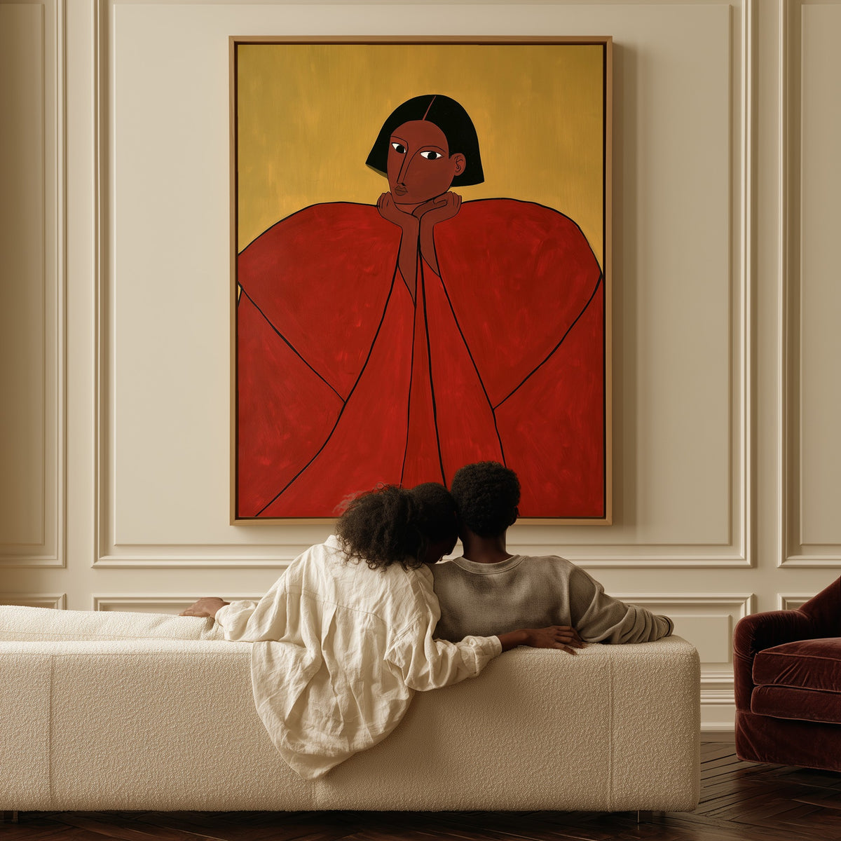 Crimson Repose canvas above a sofa, a couple sitting together