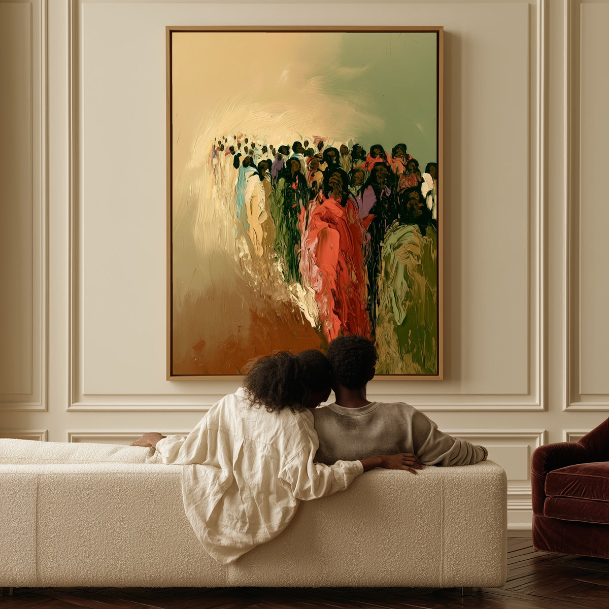 The Great Migration canvas above a sofa, a couple sitting together
