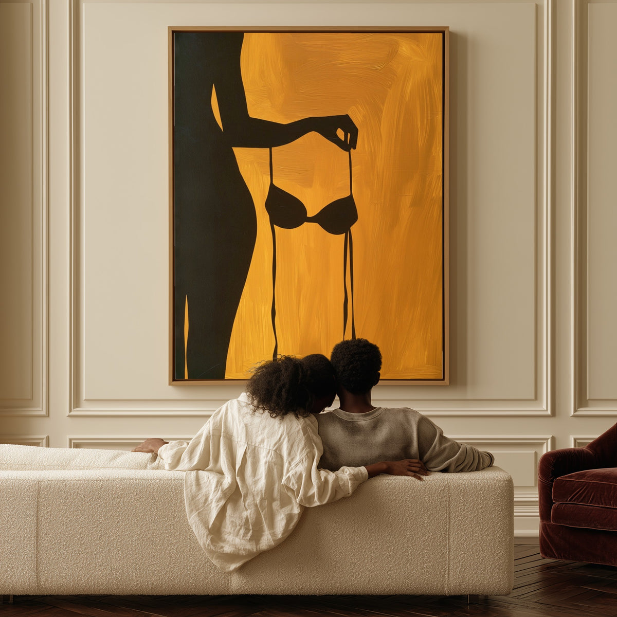 Heat of August canvas above a sofa, a couple sitting together