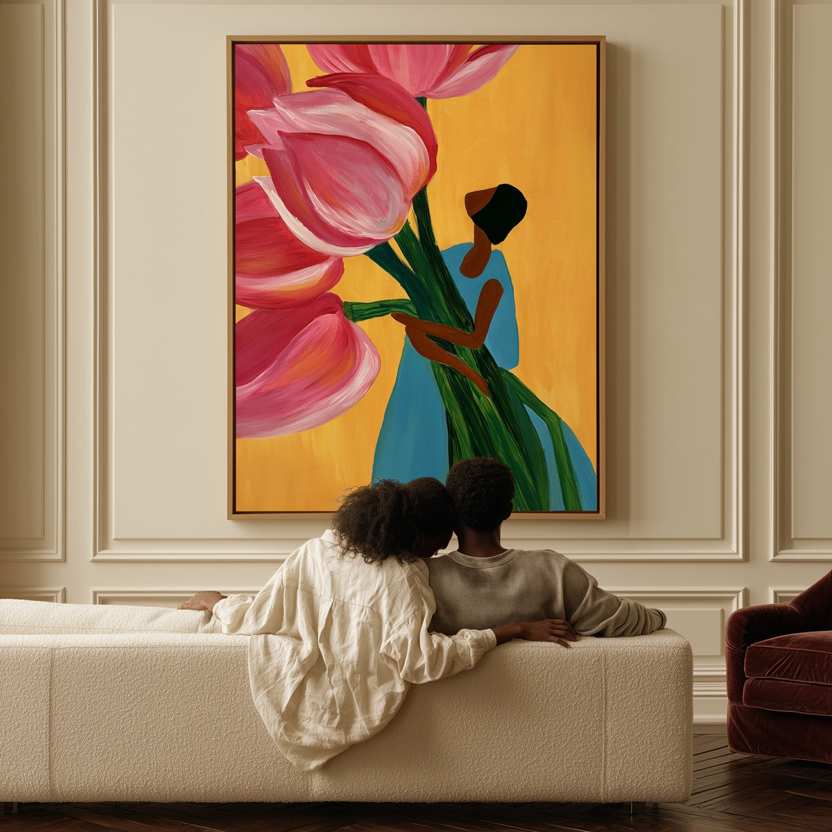 Carrying Spring canvas above a sofa, a couple sitting together