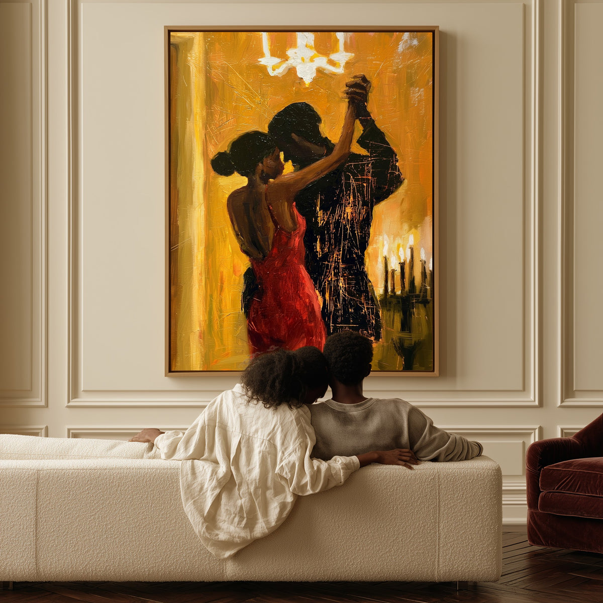 Candlelit Tango canvas above a sofa, a couple sitting together