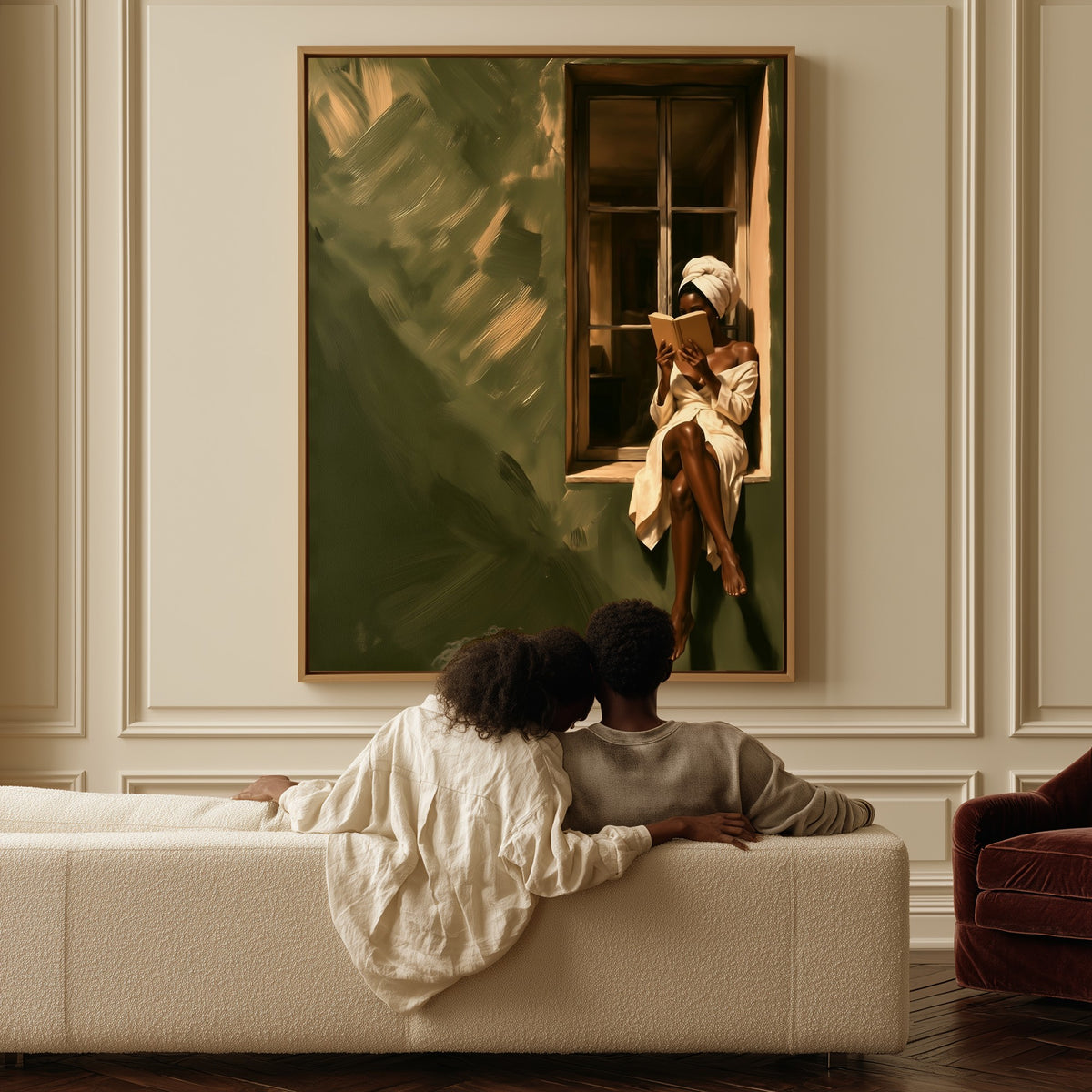Reading by the Window canvas above a sofa, a couple sitting together