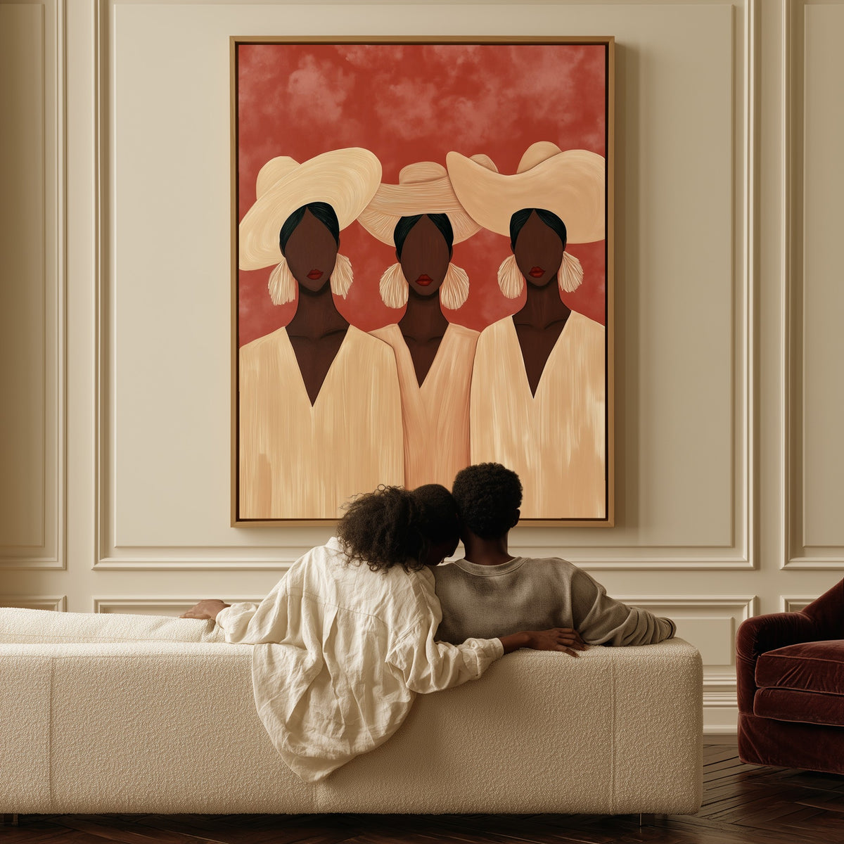 Summer Trio canvas above a sofa, a couple sitting together