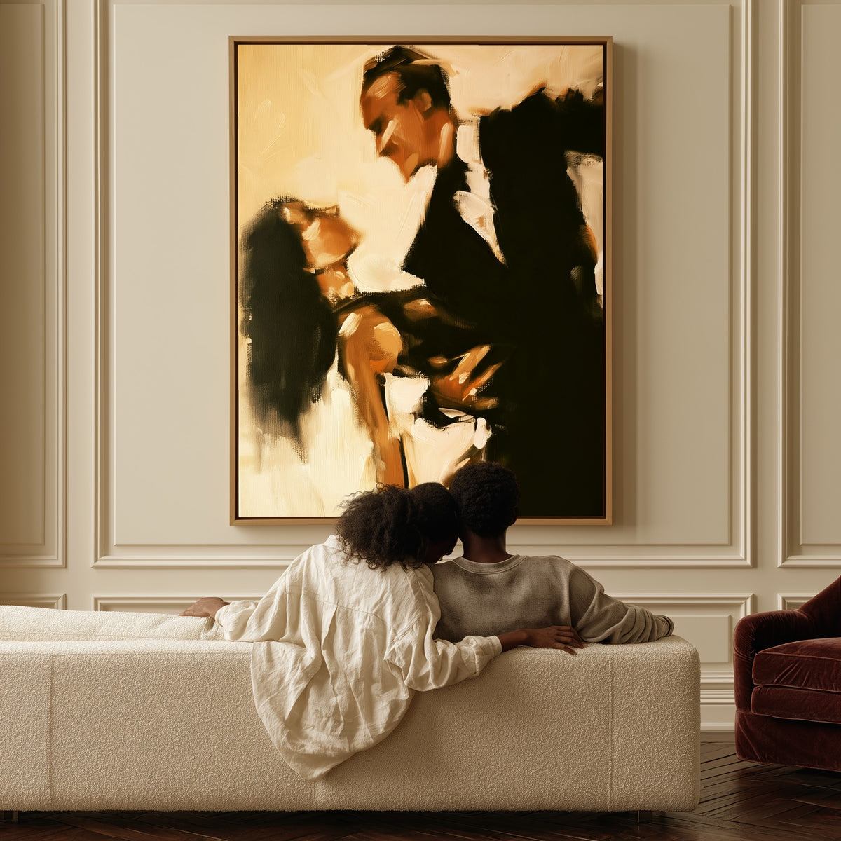 The Last Waltz canvas above a sofa, a couple sitting together