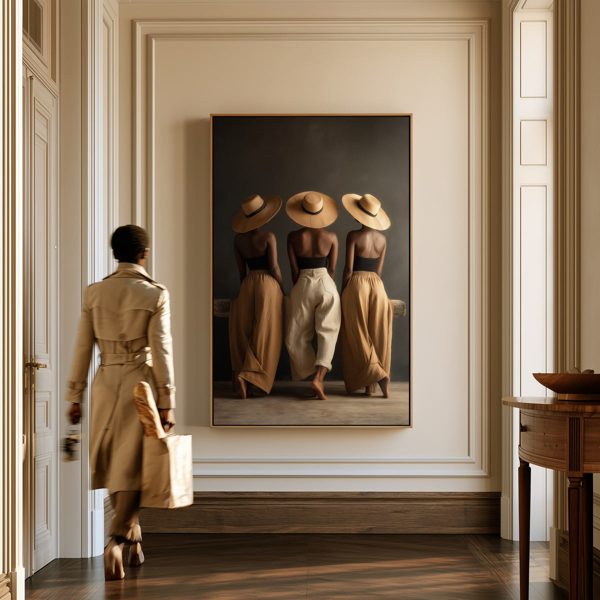 Three Brims canvas in a hallway, a woman in a trench coat