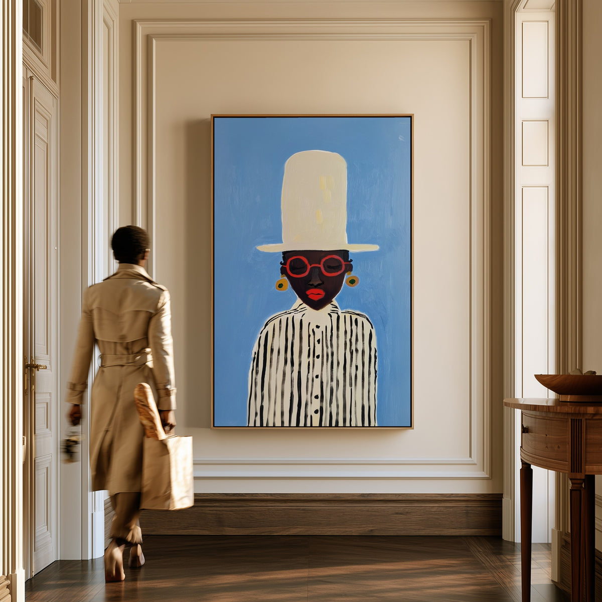 Elevation canvas in a hallway, a woman in a trench coat