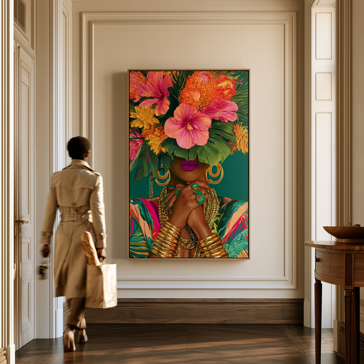Woman with Hibiscus canvas in a hallway, a woman in a trench coat