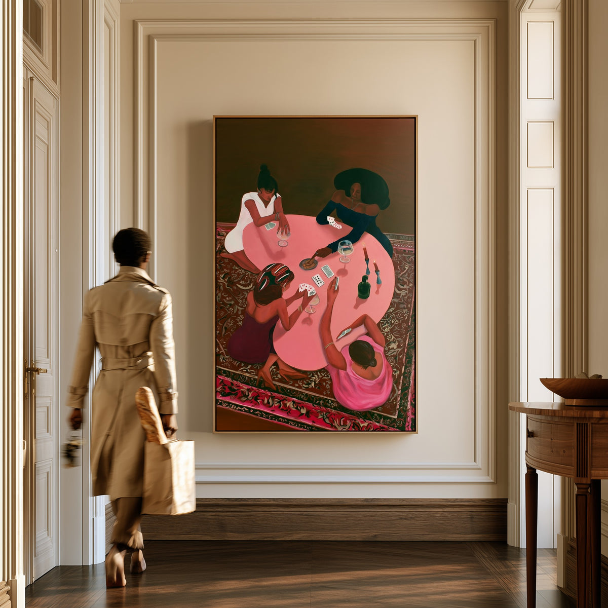 The Card Game canvas in a hallway, a woman in a trench coat