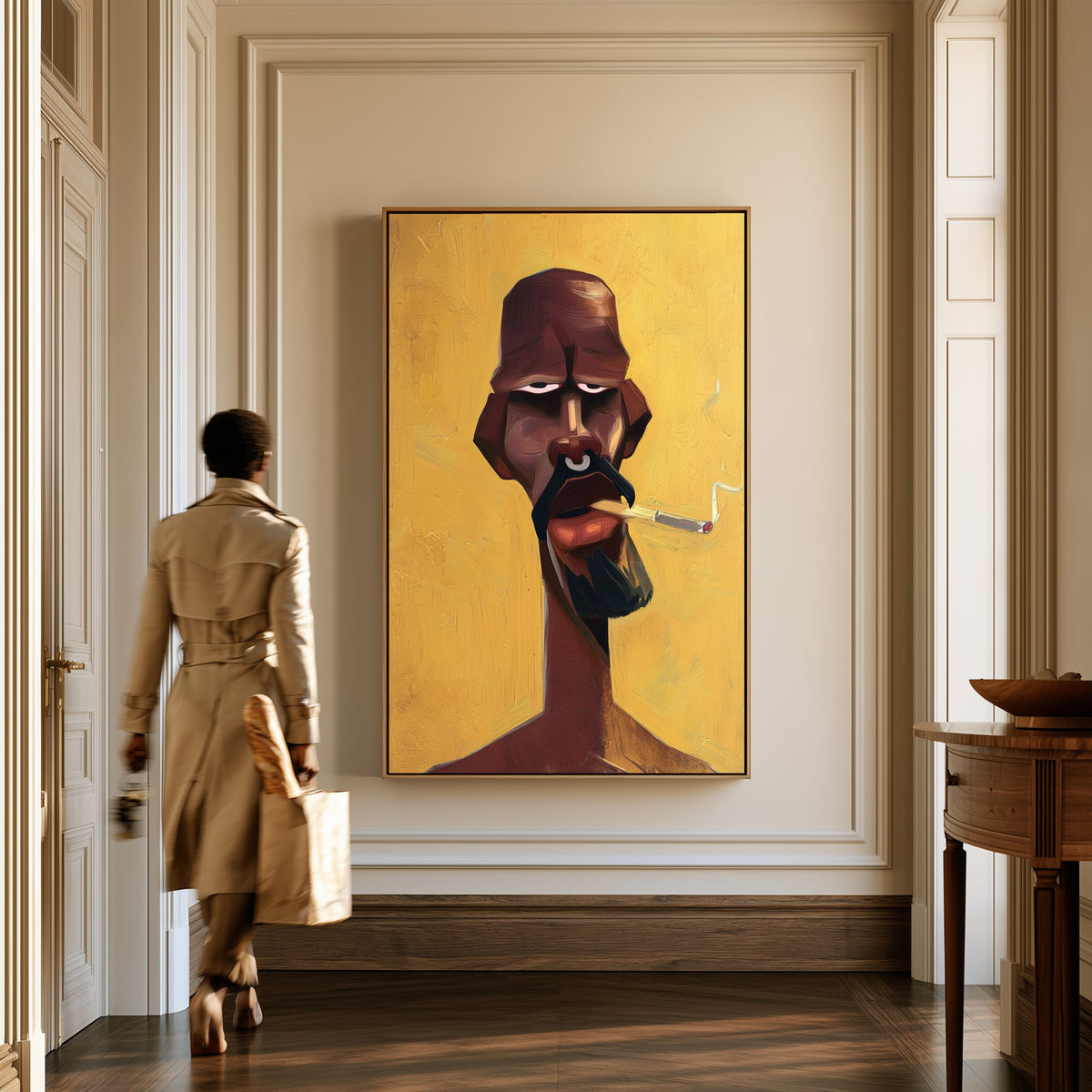 The Smoker canvas in a hallway, a woman in a trench coat