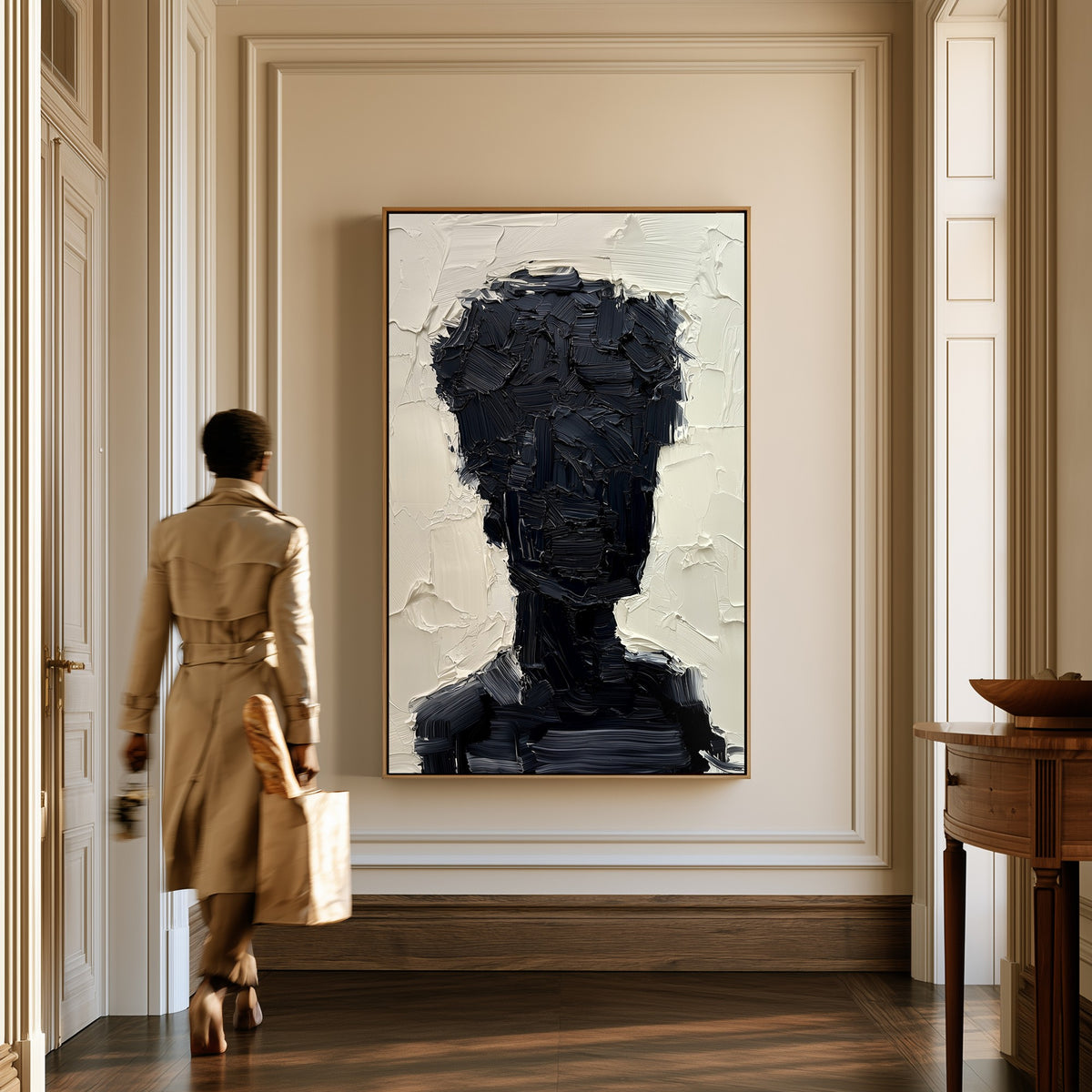 Absence canvas in a hallway, a woman in a trench coat