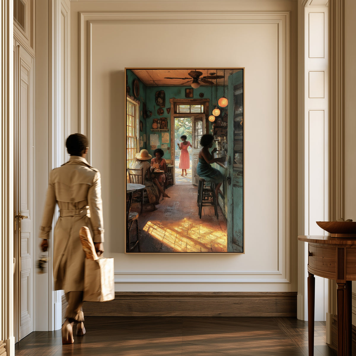 Morning at the Café canvas in a hallway, a woman in a trench coat
