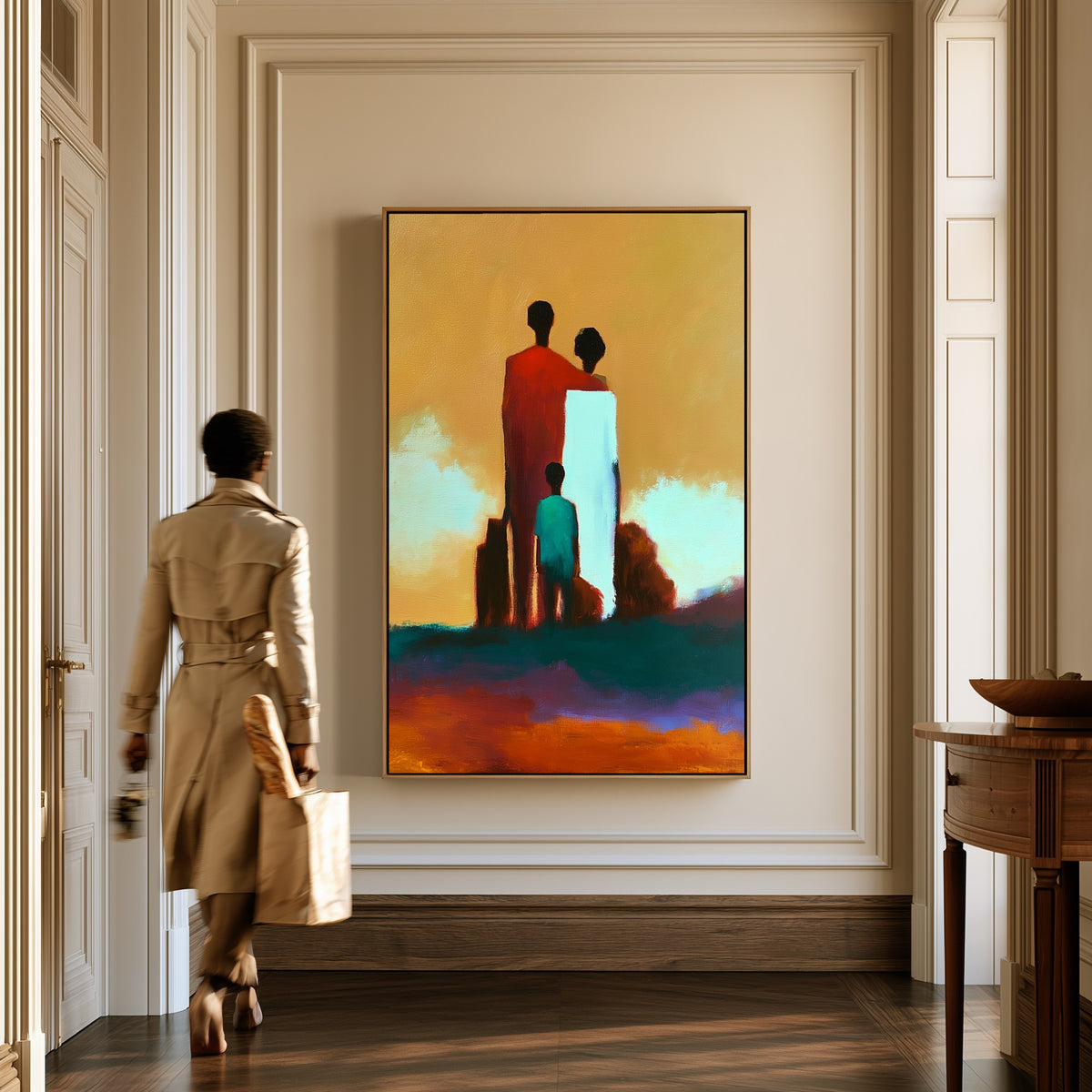 Homecoming canvas in a hallway, a woman in a trench coat