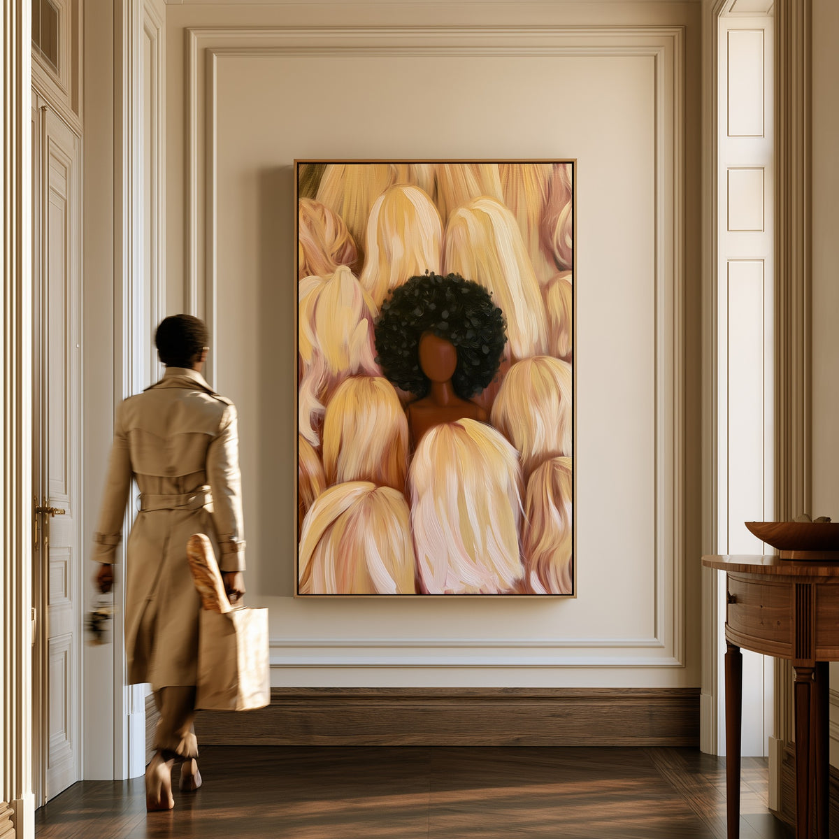 Portrait Among the Blondes canvas in a hallway, a woman in a trench coat