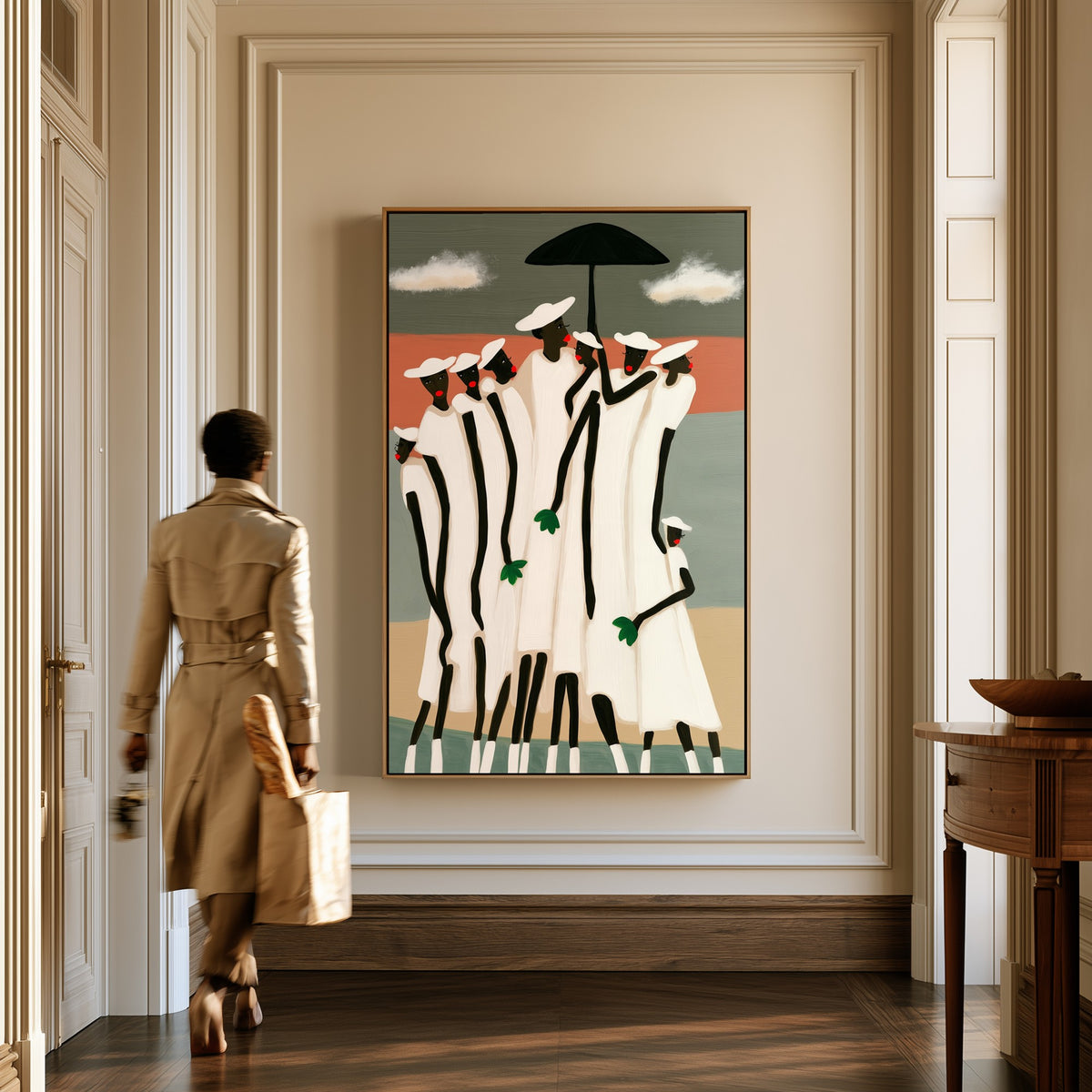 Under One Umbrella canvas in a hallway, a woman in a trench coat