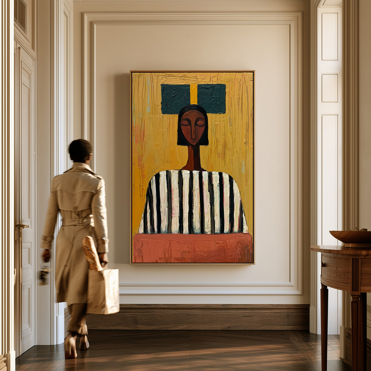 Teal Crown canvas in a hallway, a woman in a trench coat