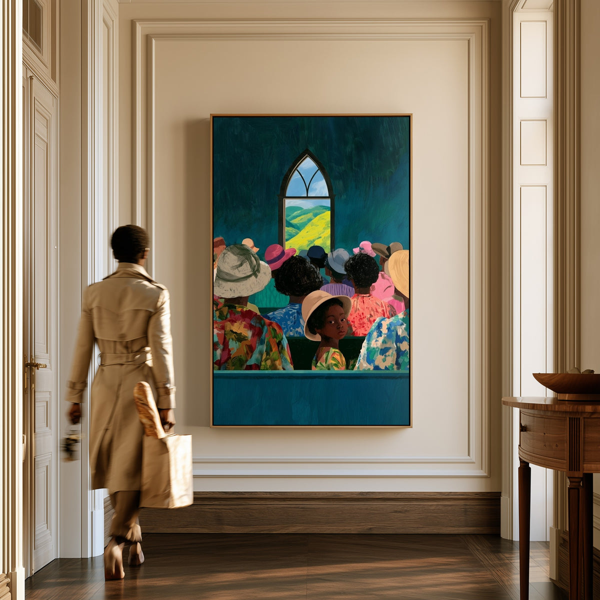 Morning Service canvas in a hallway, a woman in a trench coat