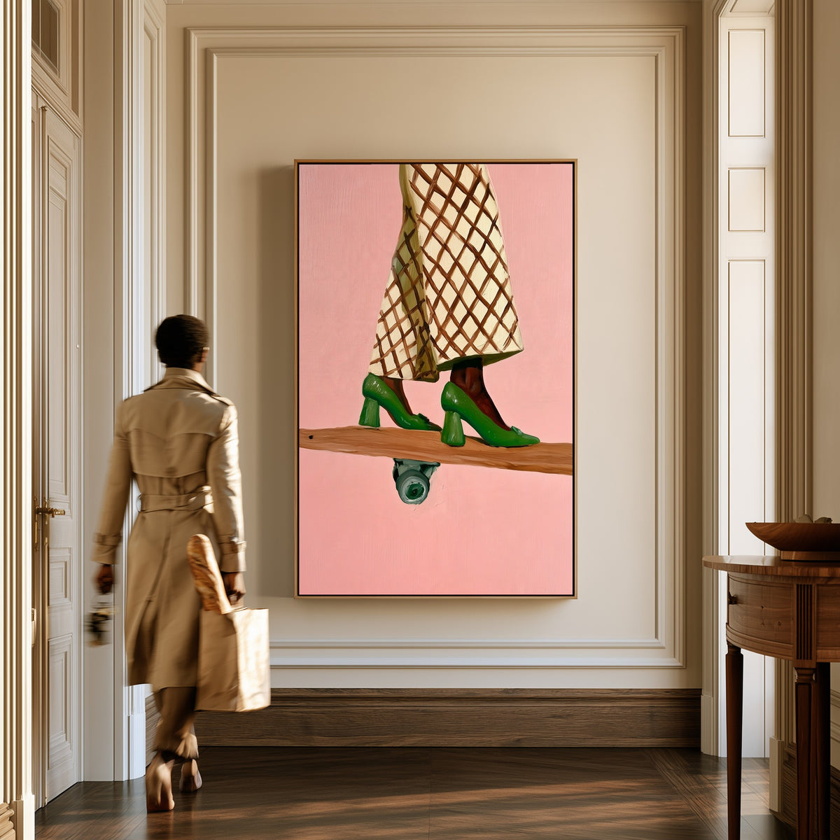 Poise canvas in a hallway, a woman in a trench coat