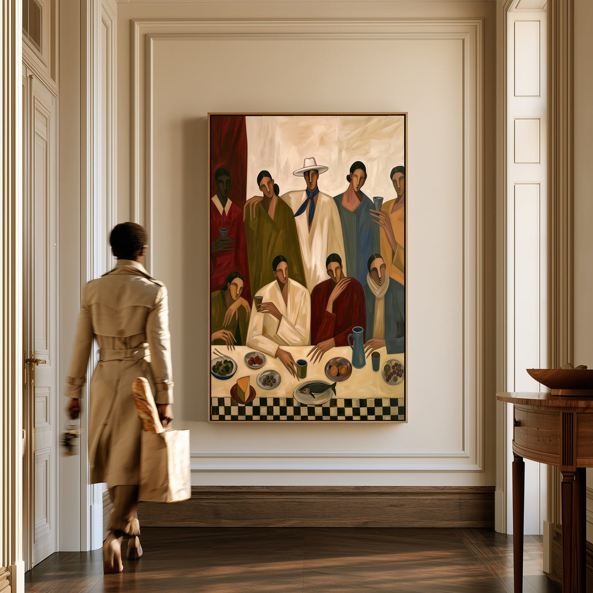 The Supper Guests canvas in a hallway, a woman in a trench coat