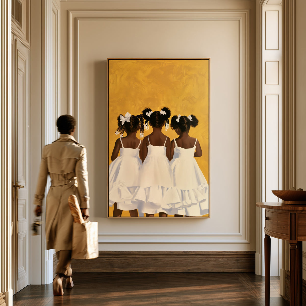 Before the Photograph canvas in a hallway, a woman in a trench coat