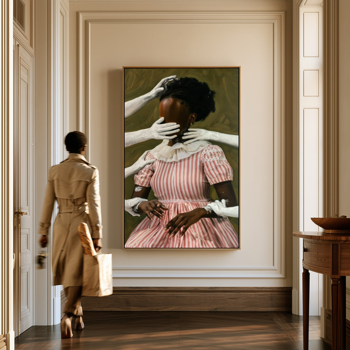 Held Still canvas in a hallway, a woman in a trench coat