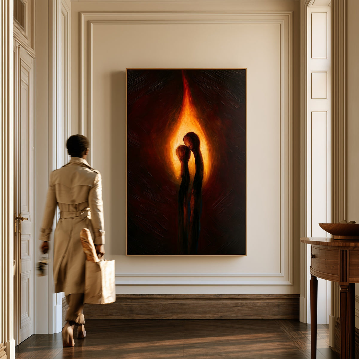 One Flame canvas in a hallway, a woman in a trench coat