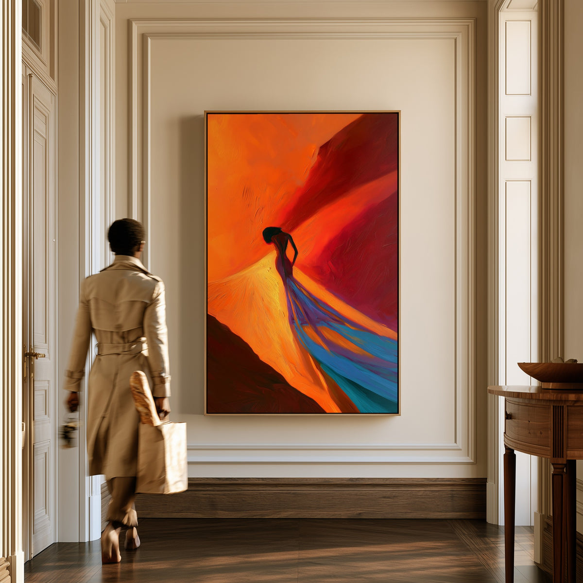 Into the Wind canvas in a hallway, a woman in a trench coat