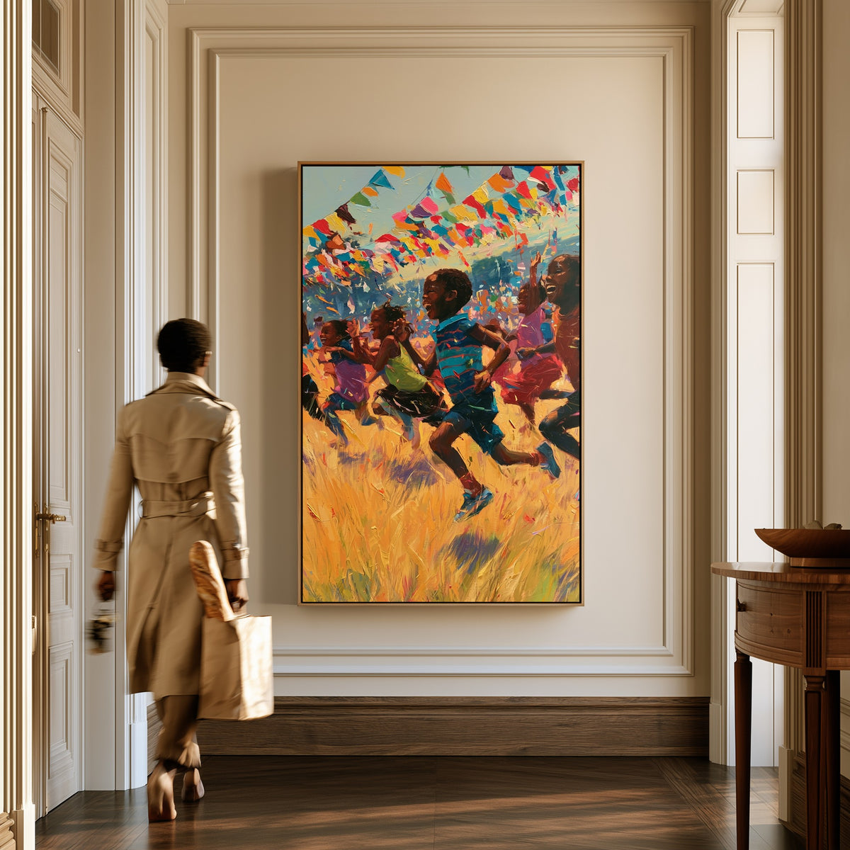 Summer Field Day canvas in a hallway, a woman in a trench coat