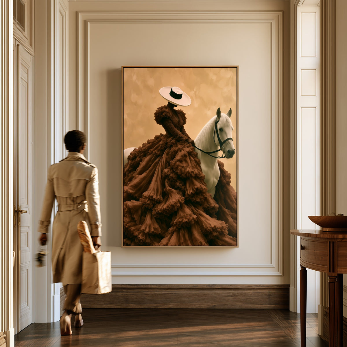 Lady in Chocolate Tulle canvas in a hallway, a woman in a trench coat