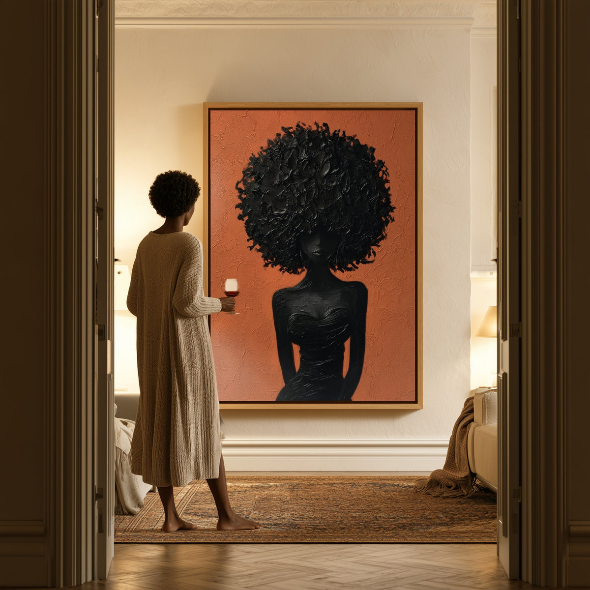 Terracotta Silence canvas in a hallway, a woman in a robe at the doorway