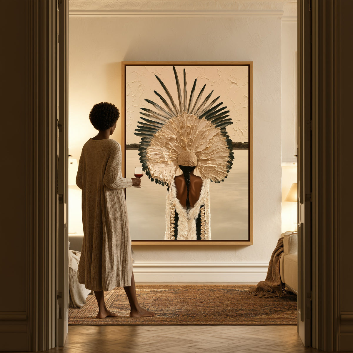 Plumed Silence canvas in a hallway, a woman in a robe at the doorway