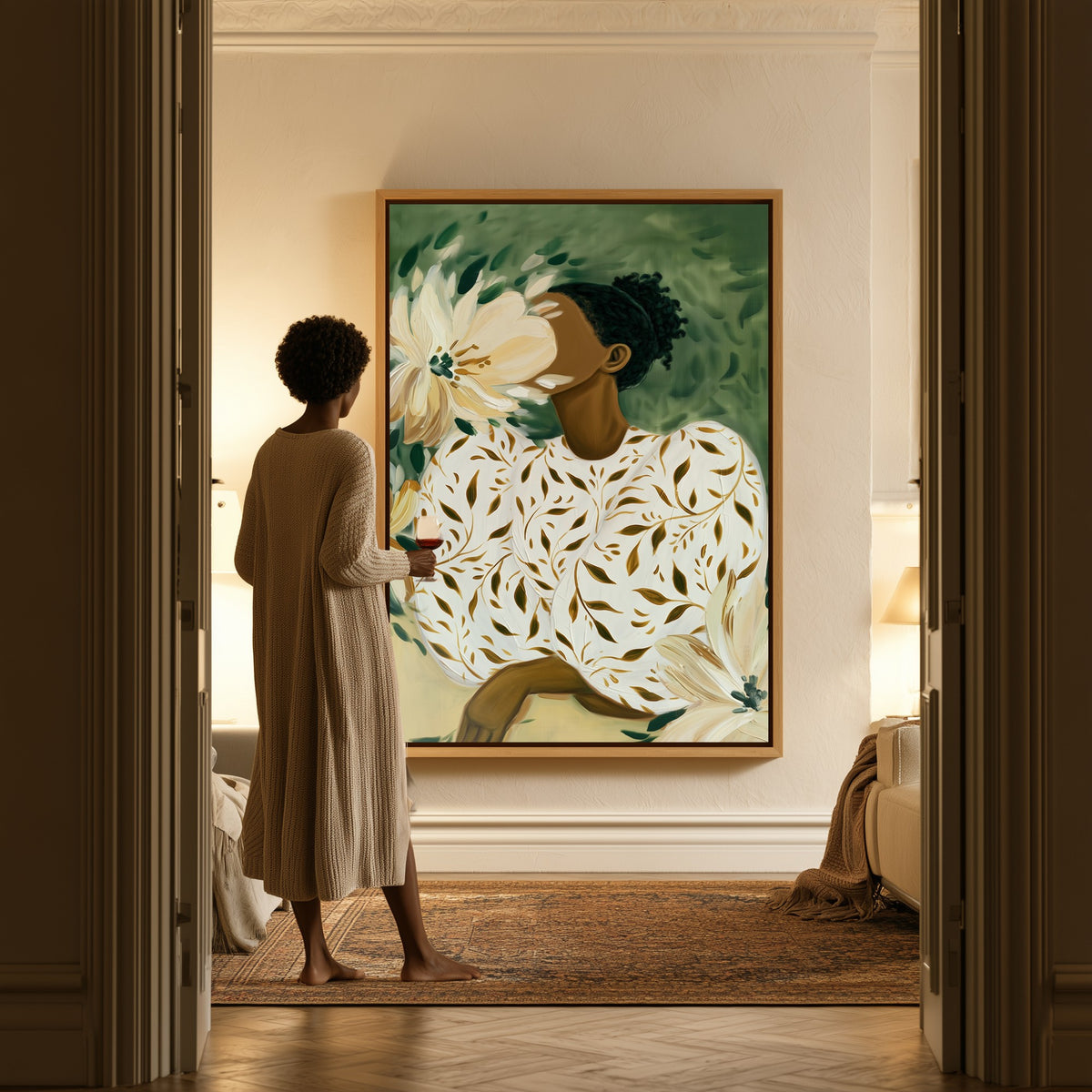 Hidden Bloom canvas in a hallway, a woman in a robe at the doorway
