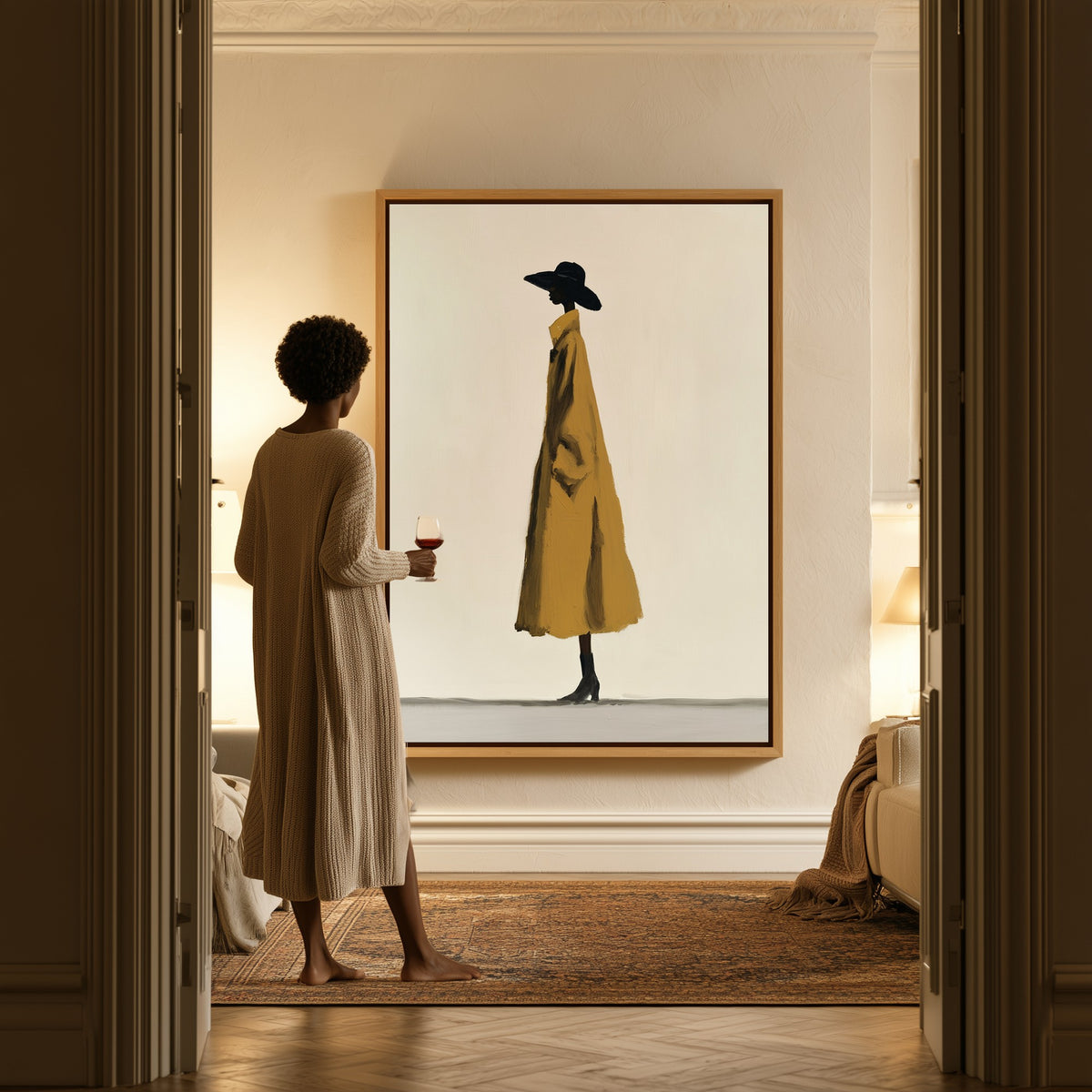 Mustard Solitude canvas in a hallway, a woman in a robe at the doorway