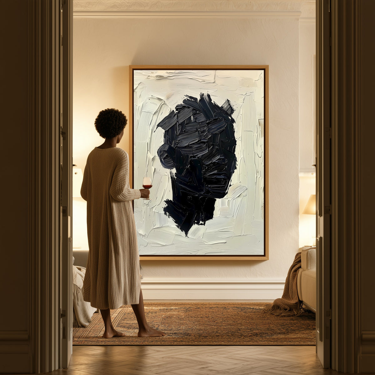 Unfinished Self canvas in a hallway, a woman in a robe at the doorway
