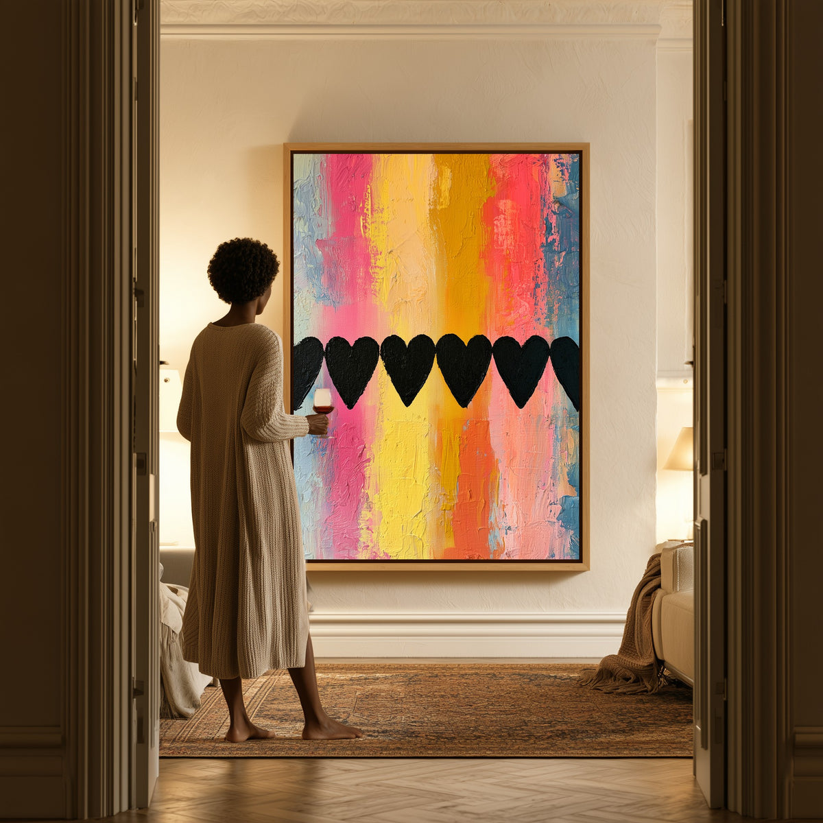 Hearts in Line canvas in a hallway, a woman in a robe at the doorway