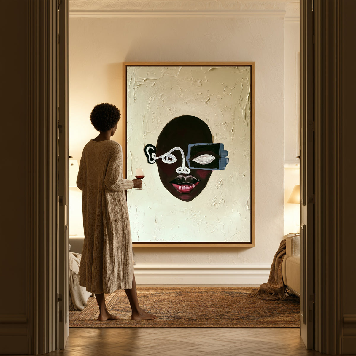 Half Seen canvas in a hallway, a woman in a robe at the doorway