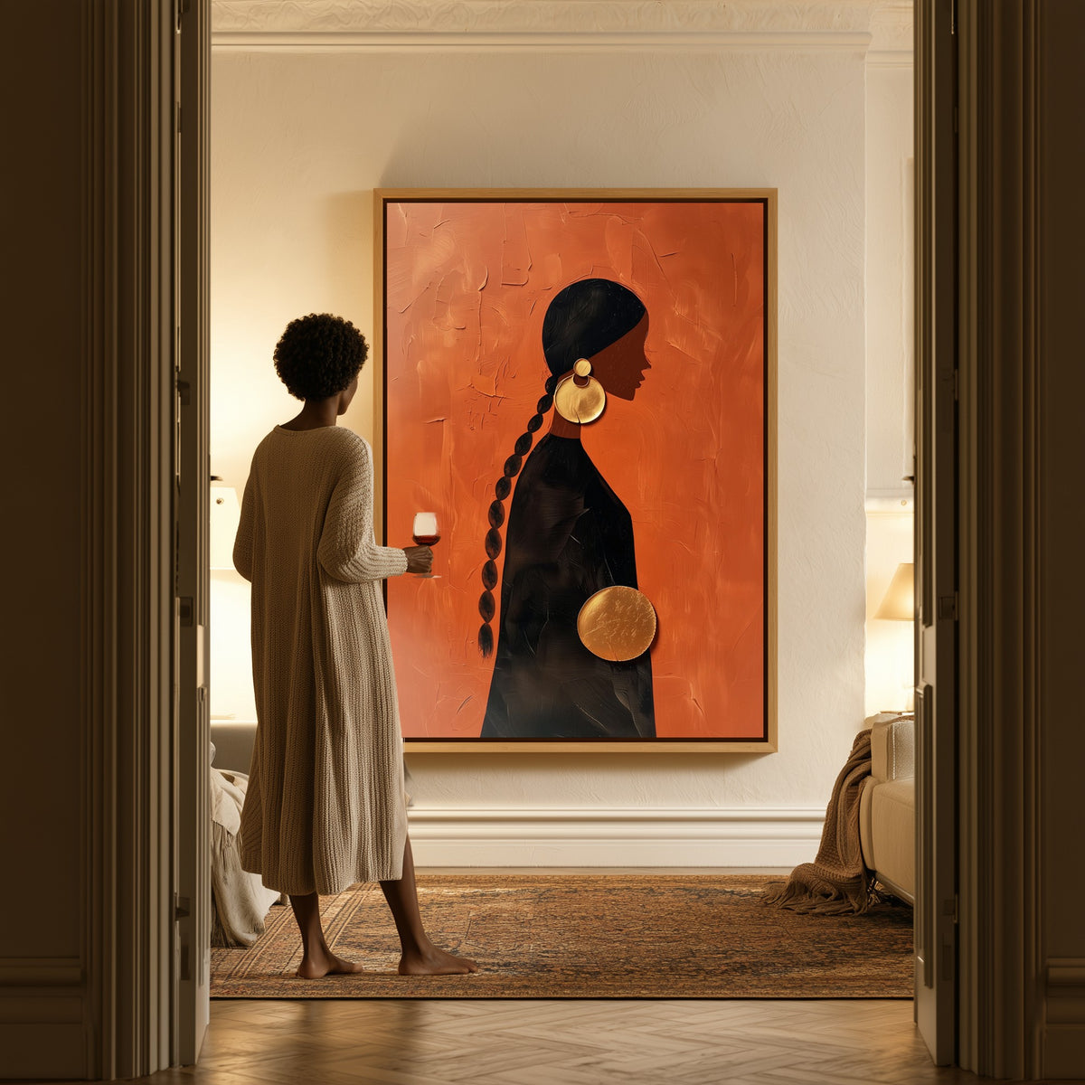 The Long Braid canvas in a hallway, a woman in a robe at the doorway