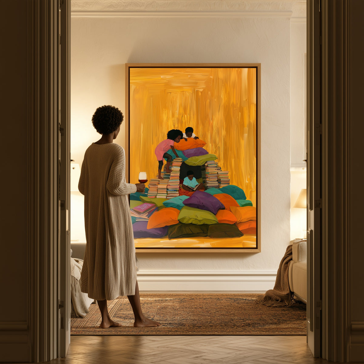 The Reading Fort canvas in a hallway, a woman in a robe at the doorway