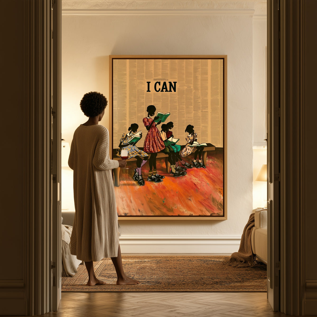 The Reading Bench canvas in a hallway, a woman in a robe at the doorway
