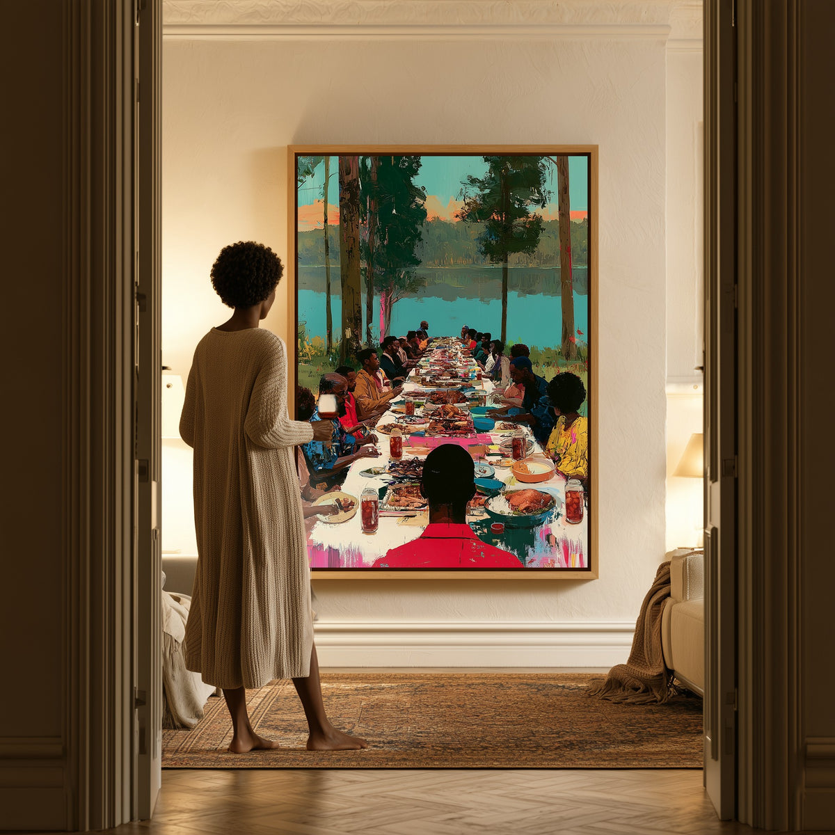 Lakeside Supper canvas in a hallway, a woman in a robe at the doorway