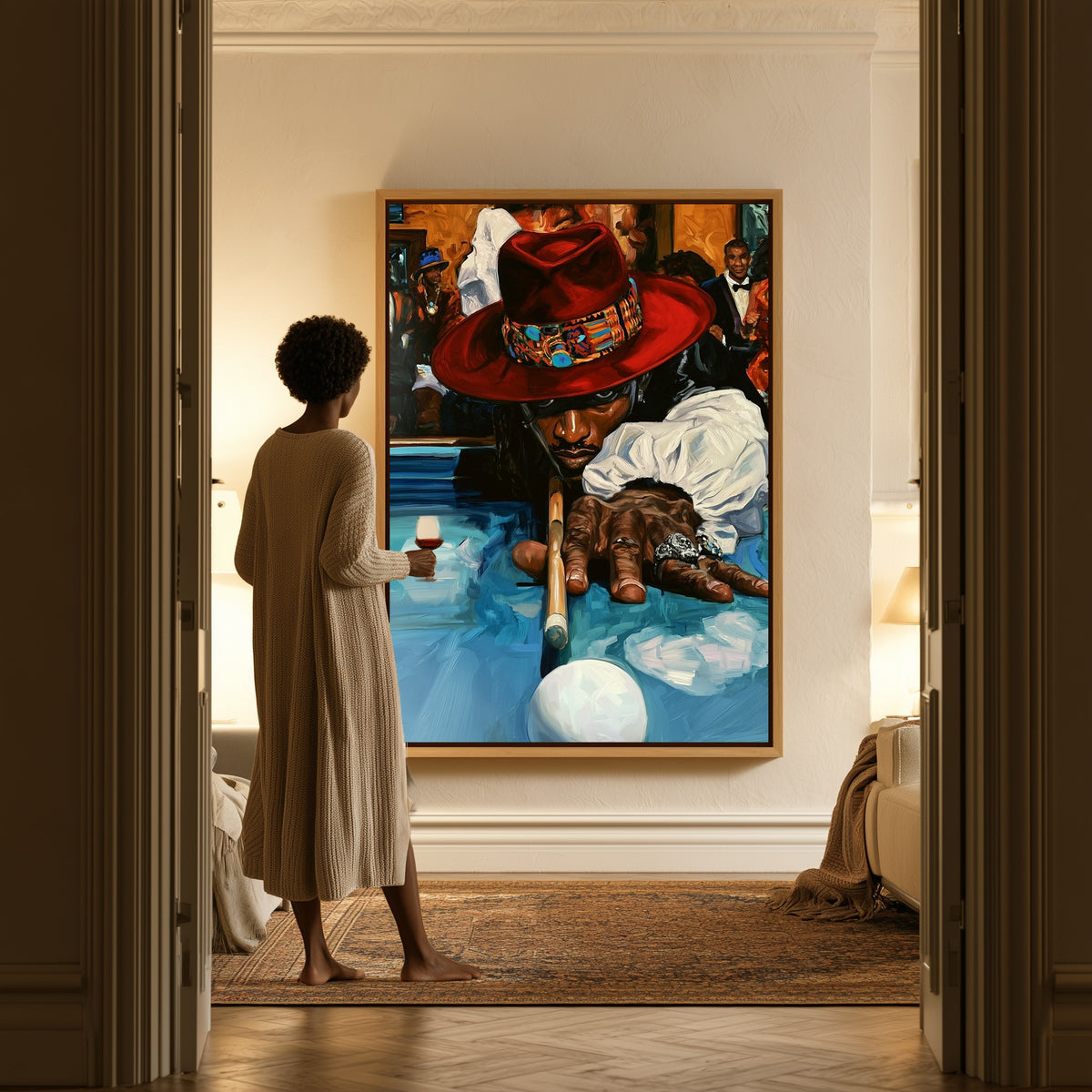 Last Shot at Midnight canvas in a hallway, a woman in a robe at the doorway