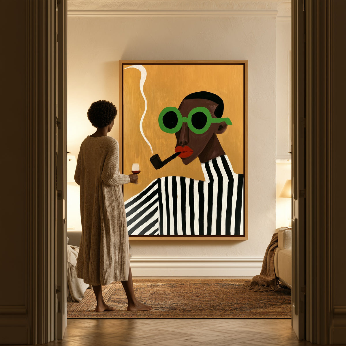 Man with a Pipe canvas in a hallway, a woman in a robe at the doorway