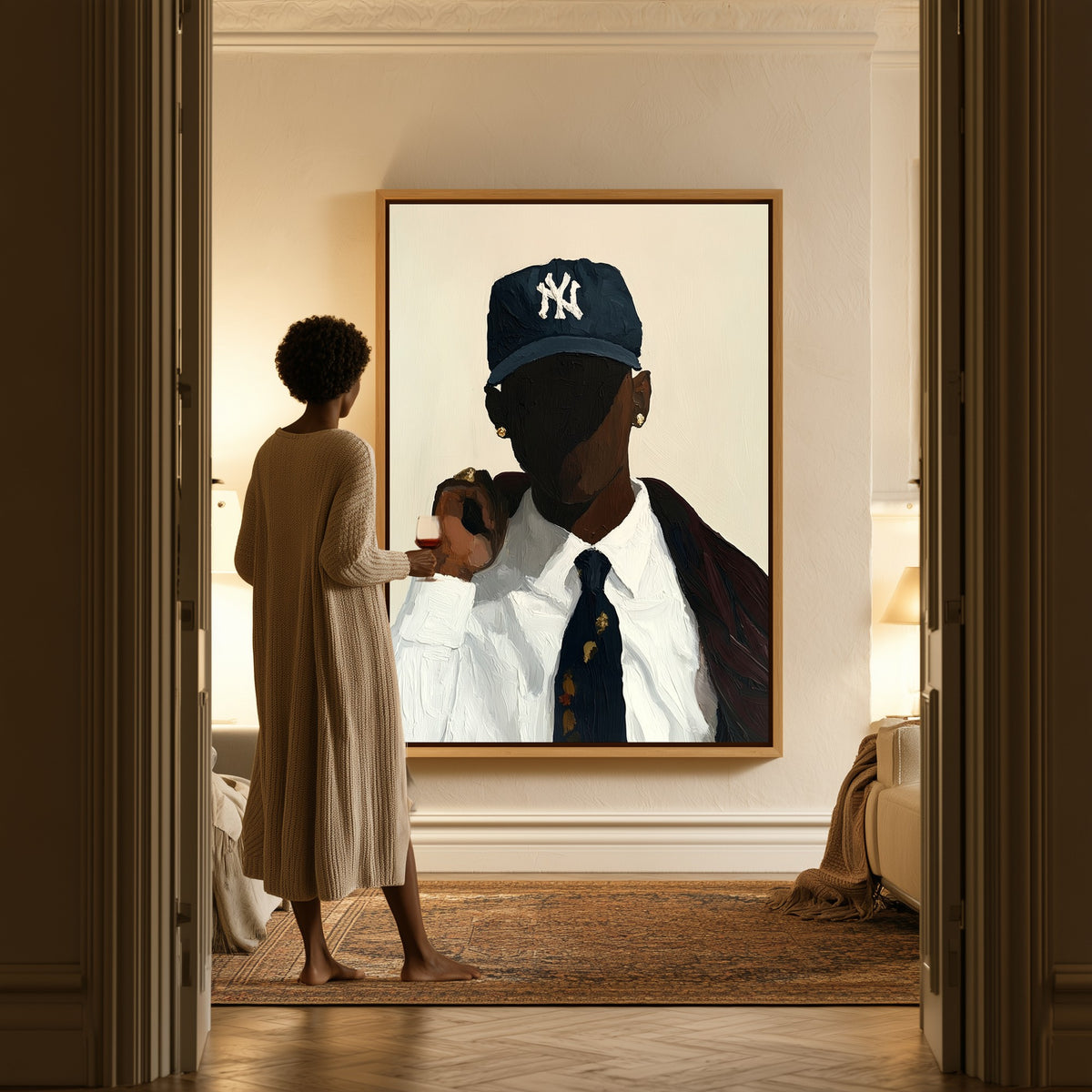 Man in Navy Cap canvas in a hallway, a woman in a robe at the doorway