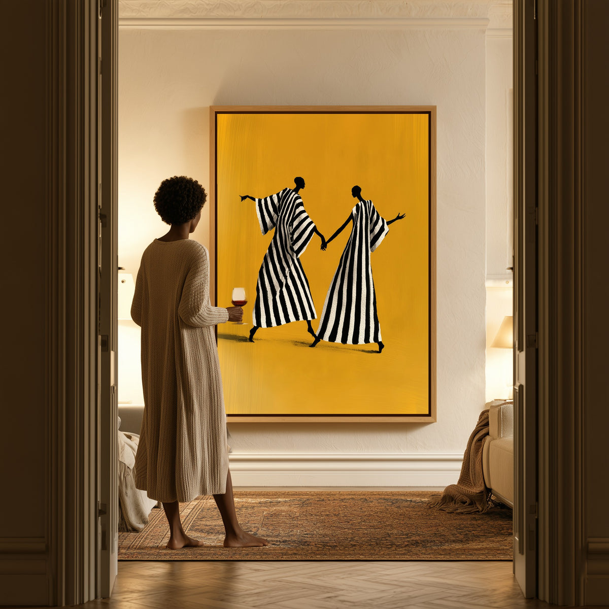 Midday Dance canvas in a hallway, a woman in a robe at the doorway