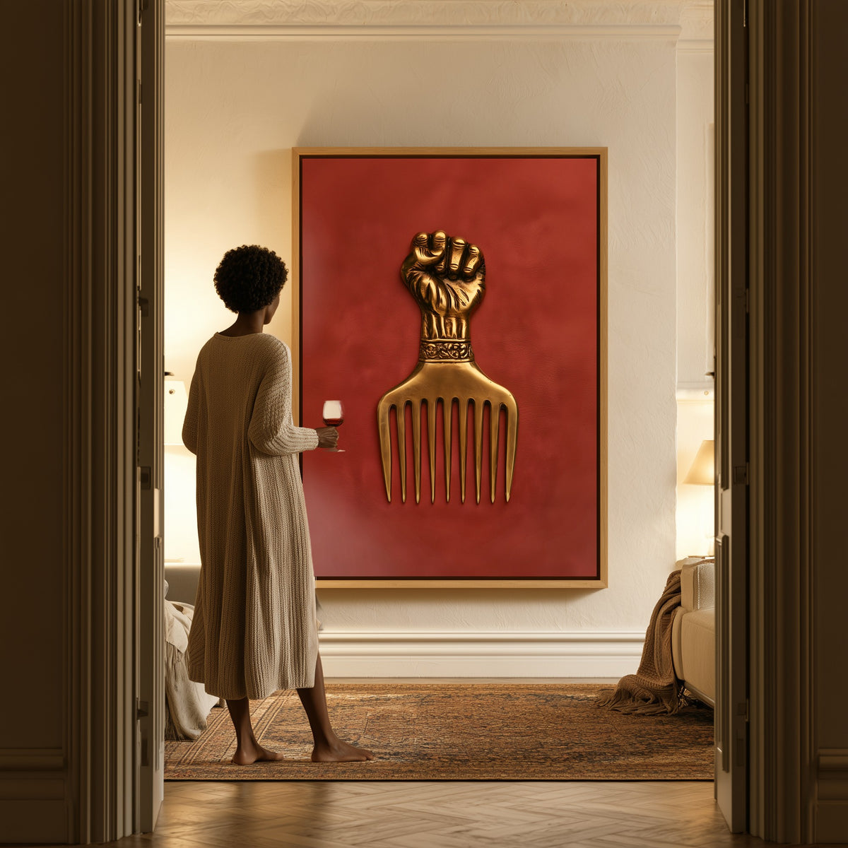 The Golden Pick canvas in a hallway, a woman in a robe at the doorway