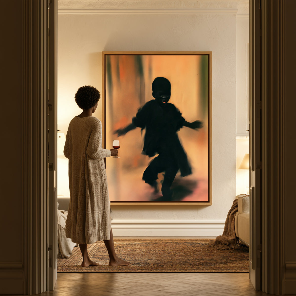 Dance in the Hall canvas in a hallway, a woman in a robe at the doorway