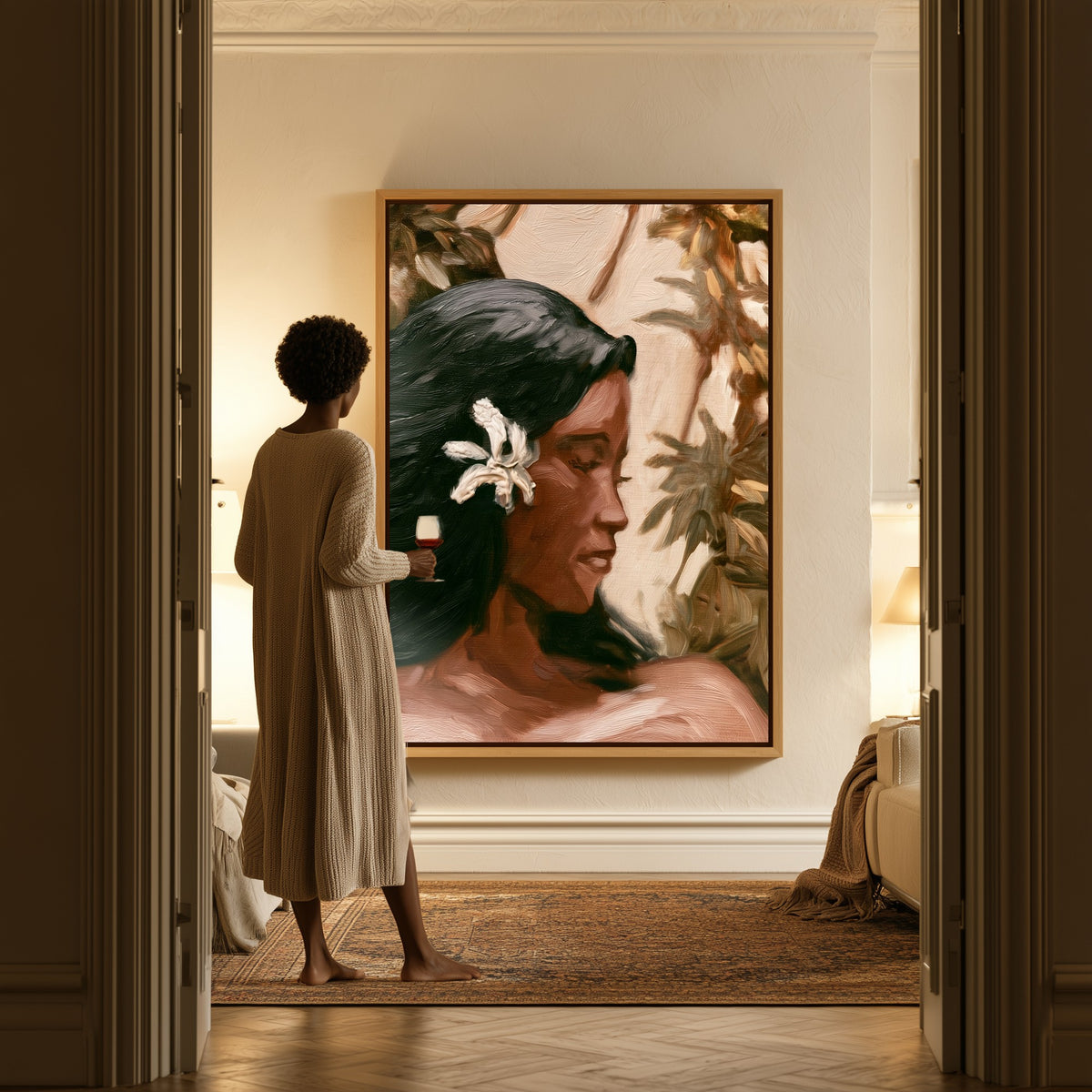 Woman with a Frangipani canvas in a hallway, a woman in a robe at the doorway